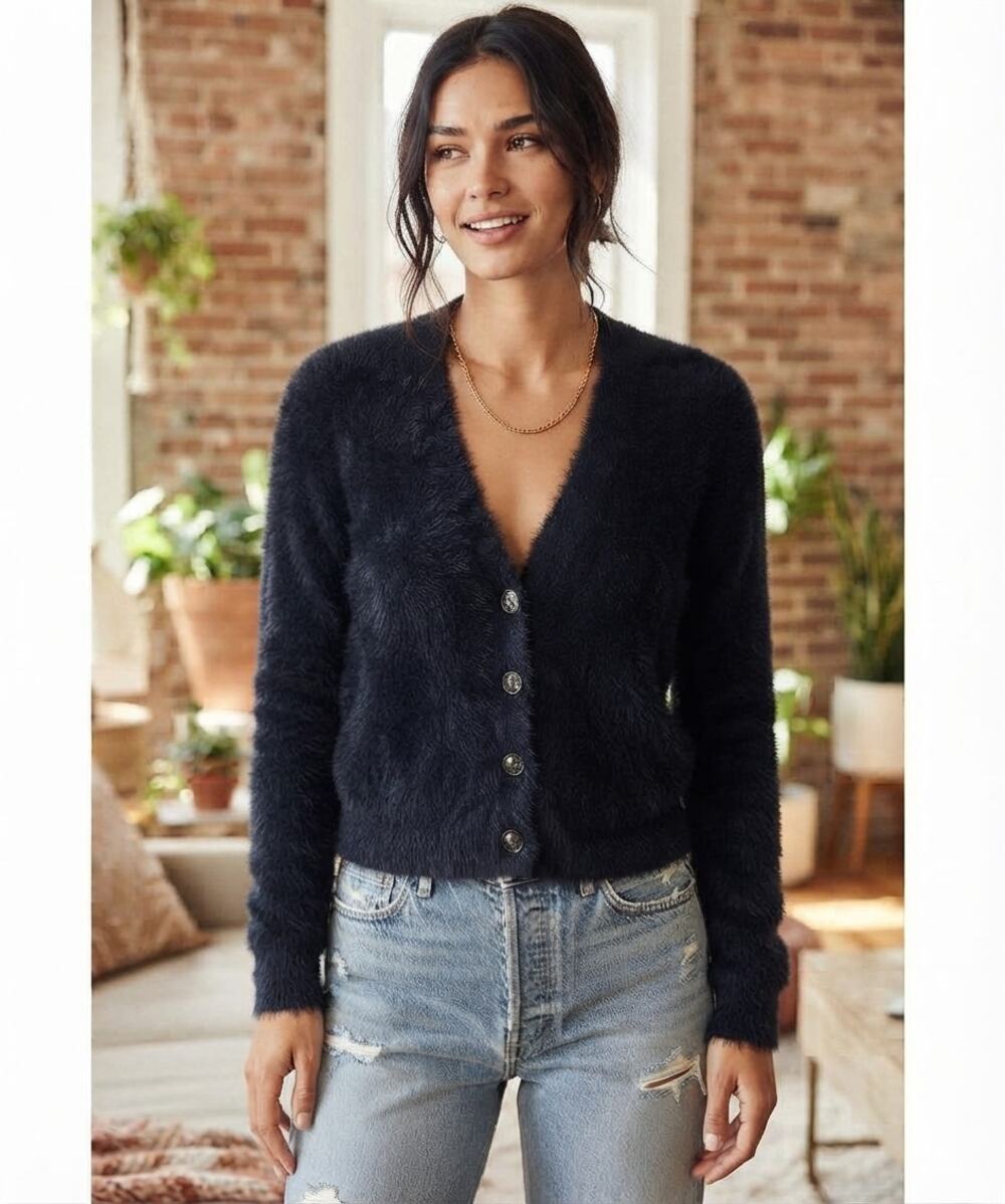 Free People FP One Fuzzy Eyelash Knit Cropped Cardigan Black Boho-Chic M NWOT